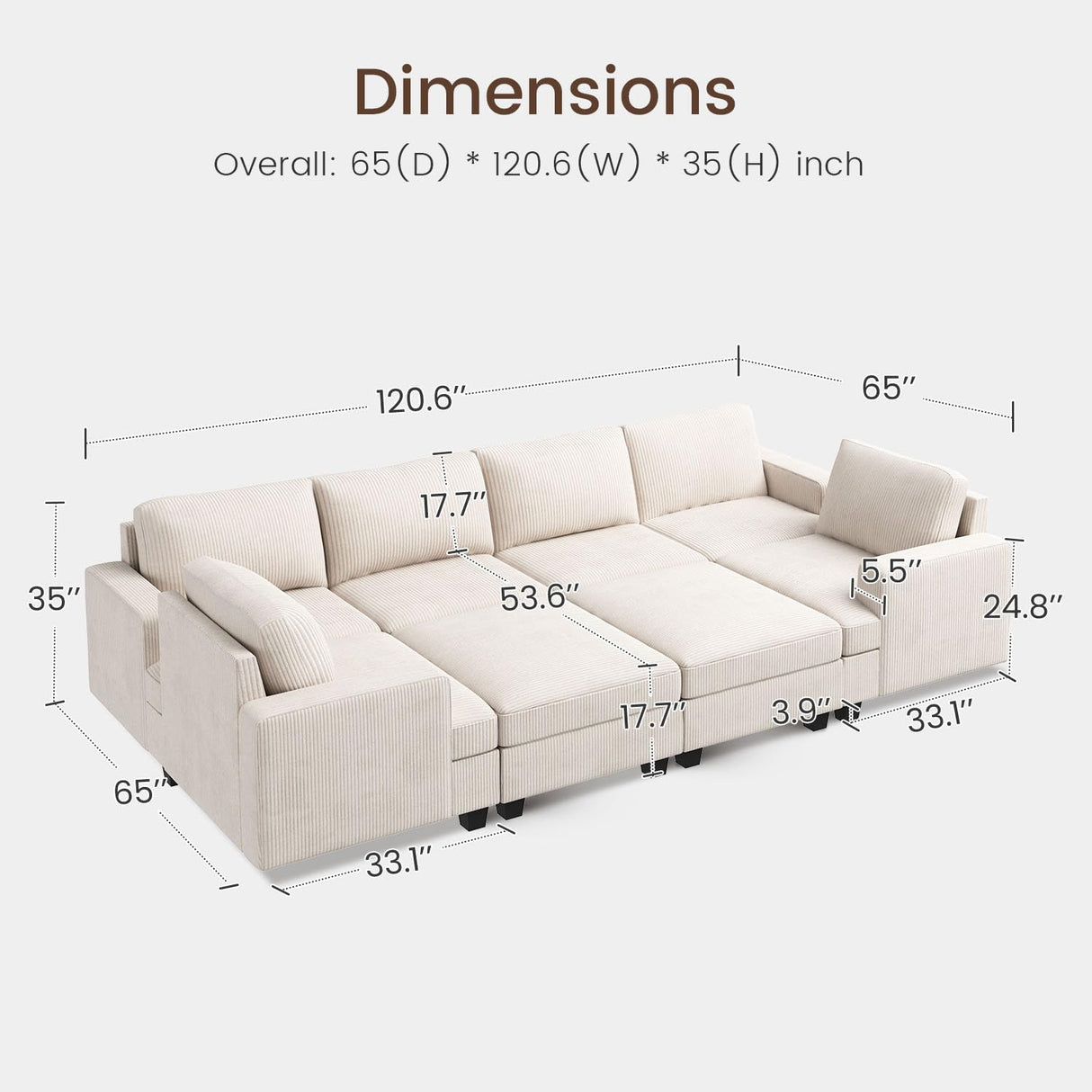 Modular Sectional Couch with Storage Ottoman, Corduroy Sectional Sleeper Sofa