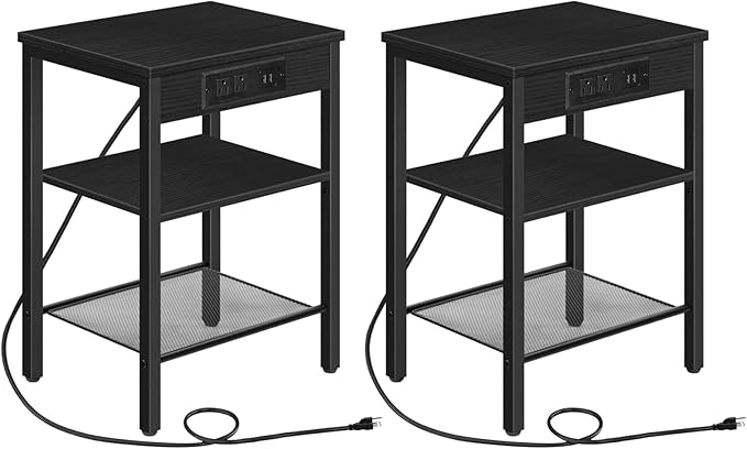 Black Nightstand, Bedside Table with Charging Station, Small End Table with USB Ports