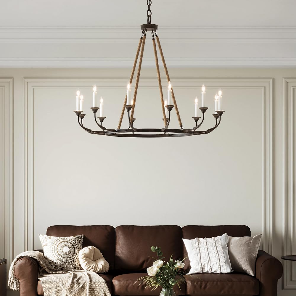 LOVEDIMA Vintage Chandeliers for Dining Room 12-Light Ceiling Light Fixture Flaxen Hemp Rope and Metal Rustic Round Candelabra Chandelier in Rust