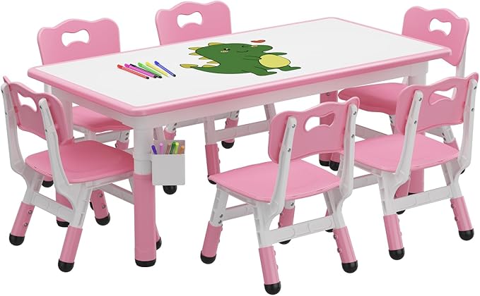 Table and 6 Chairs Set with Storage Box, Height Adjustable Toddler Table and Chair Set