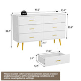 White Dresser for Bedroom, 6 Drawer Dresser with Wide Drawers and Gold Metal Handles