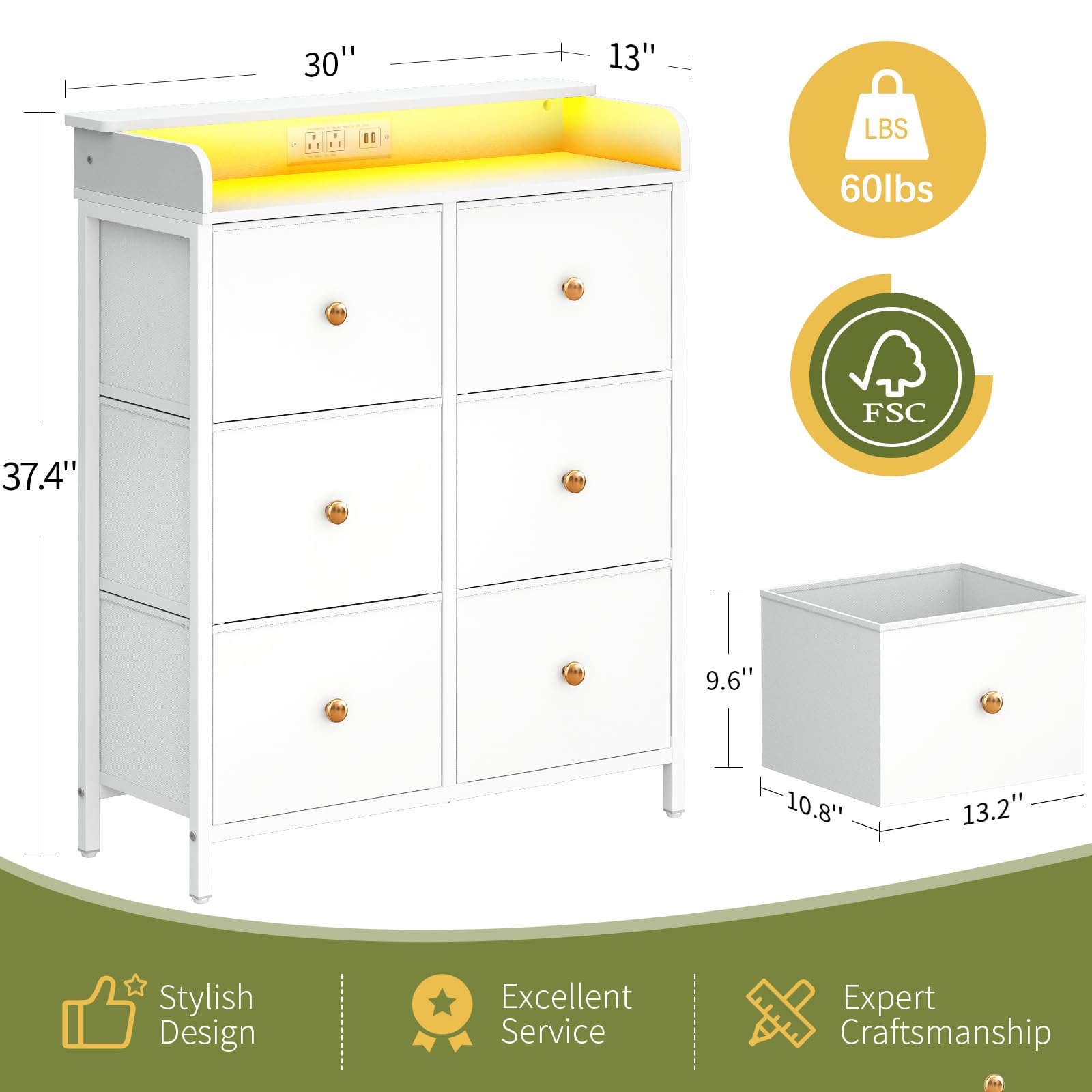 Dresser for Bedroom with Charging Station, 6-Drawer Chest Furniture with LED Lights