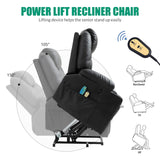 Power Lift Chair Electric Recliner for Elderly Heated Vibration Massage Faux Leather Recliner Chair with 2 Remote Controls, Cup Holders, Side Pockets & USB Ports for Living Room (Black)