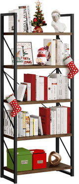 5-Tier Bookshelf, Freestanding Book Shelf, Industrial Minimalist Open Display Storage