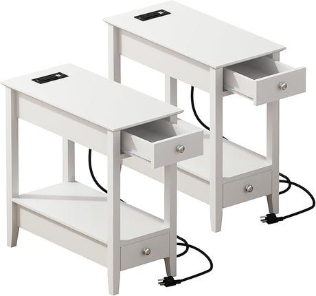 Side Table with Charging Station, Narrow End Table with Storage, 2-Drawer Nightstand