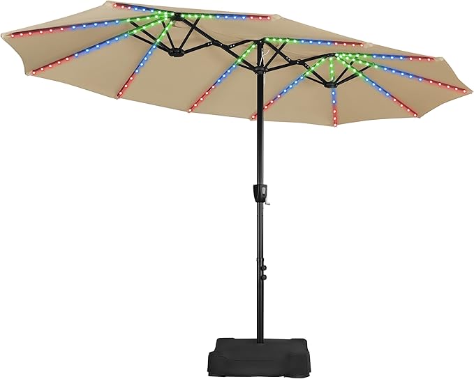 15 ft Large Patio Umbrella with Solar Lights, Double-Sided Rectangle Outdoor Market Umbrellas