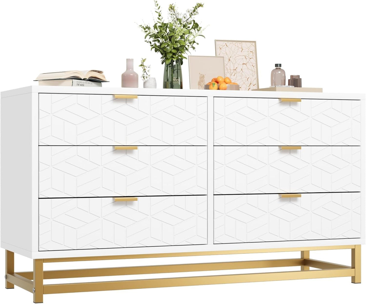 White 6 Drawer Dresser for Bedroom, Chest of Drawers with Metal Base, Modern Dresser