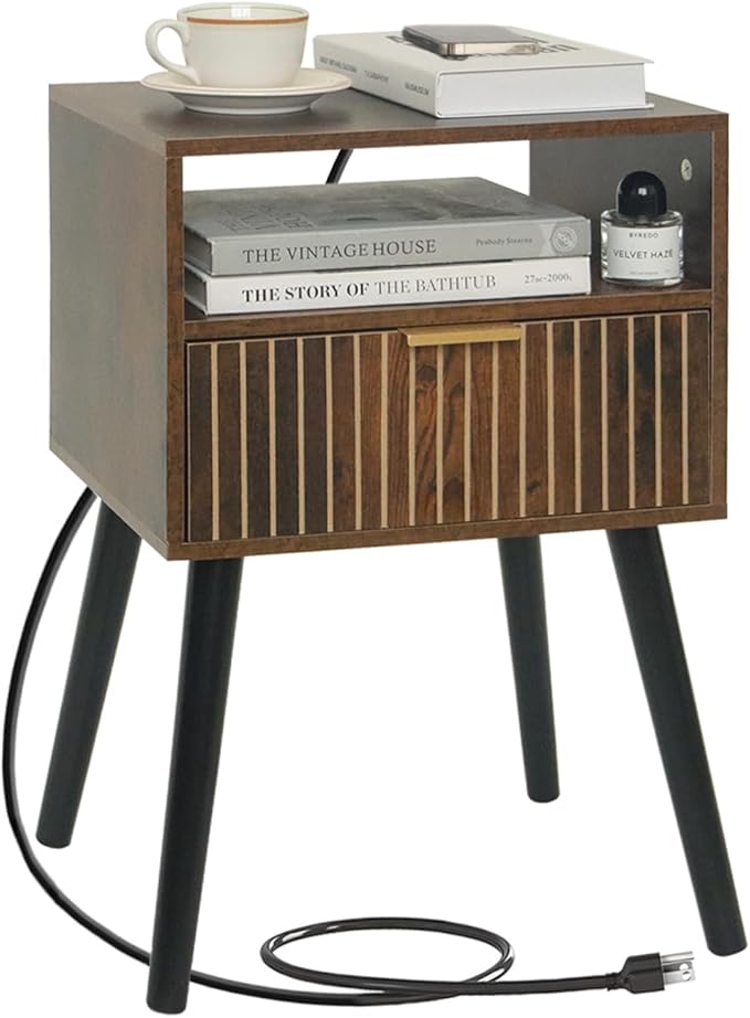 Nightstand with Charging Station, Wood Bedside Table with Drawer, Modern End Table for