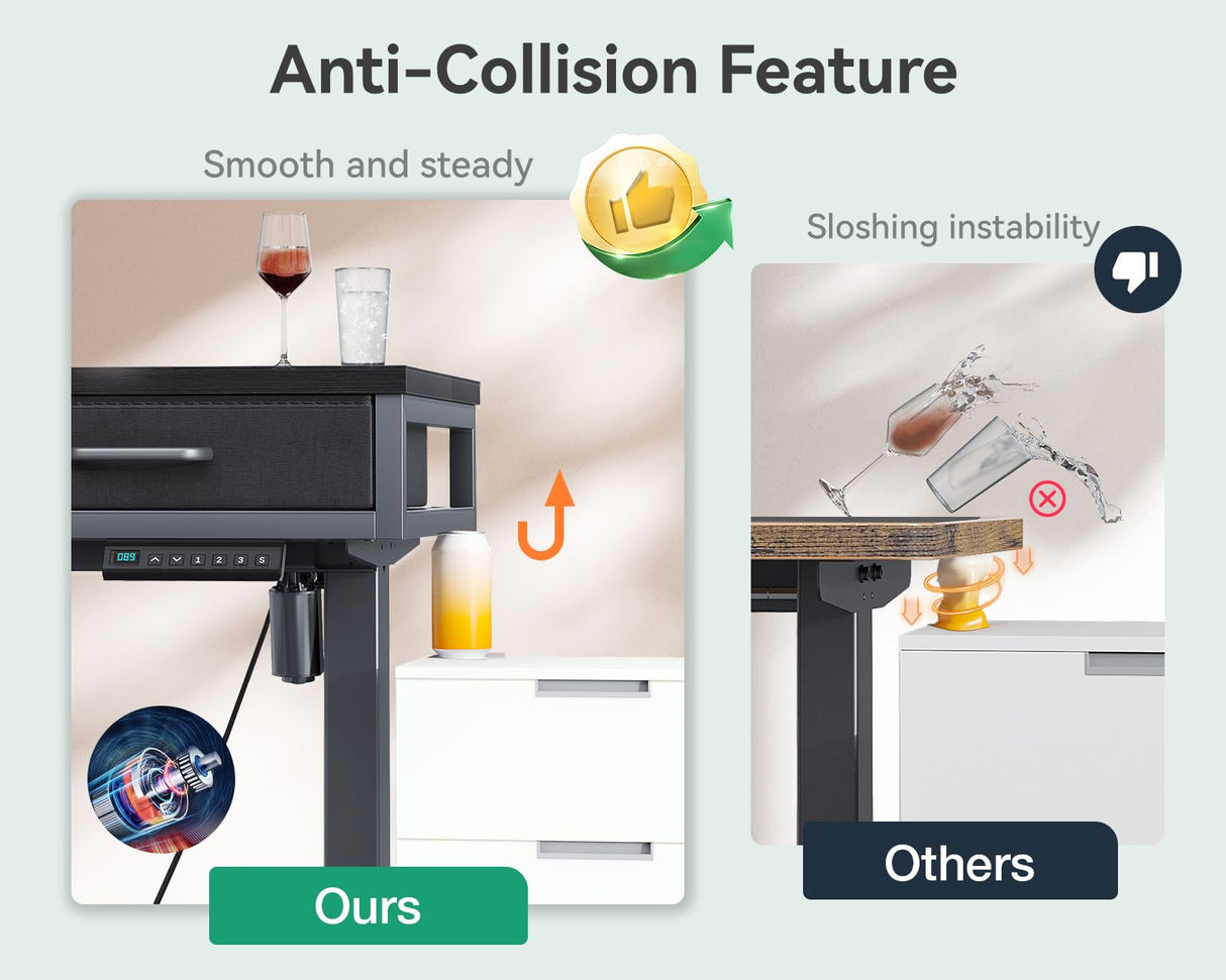 Electric Standing Desk with Drawers, Height Adjustable Desk with Power Outlets & LED Lights