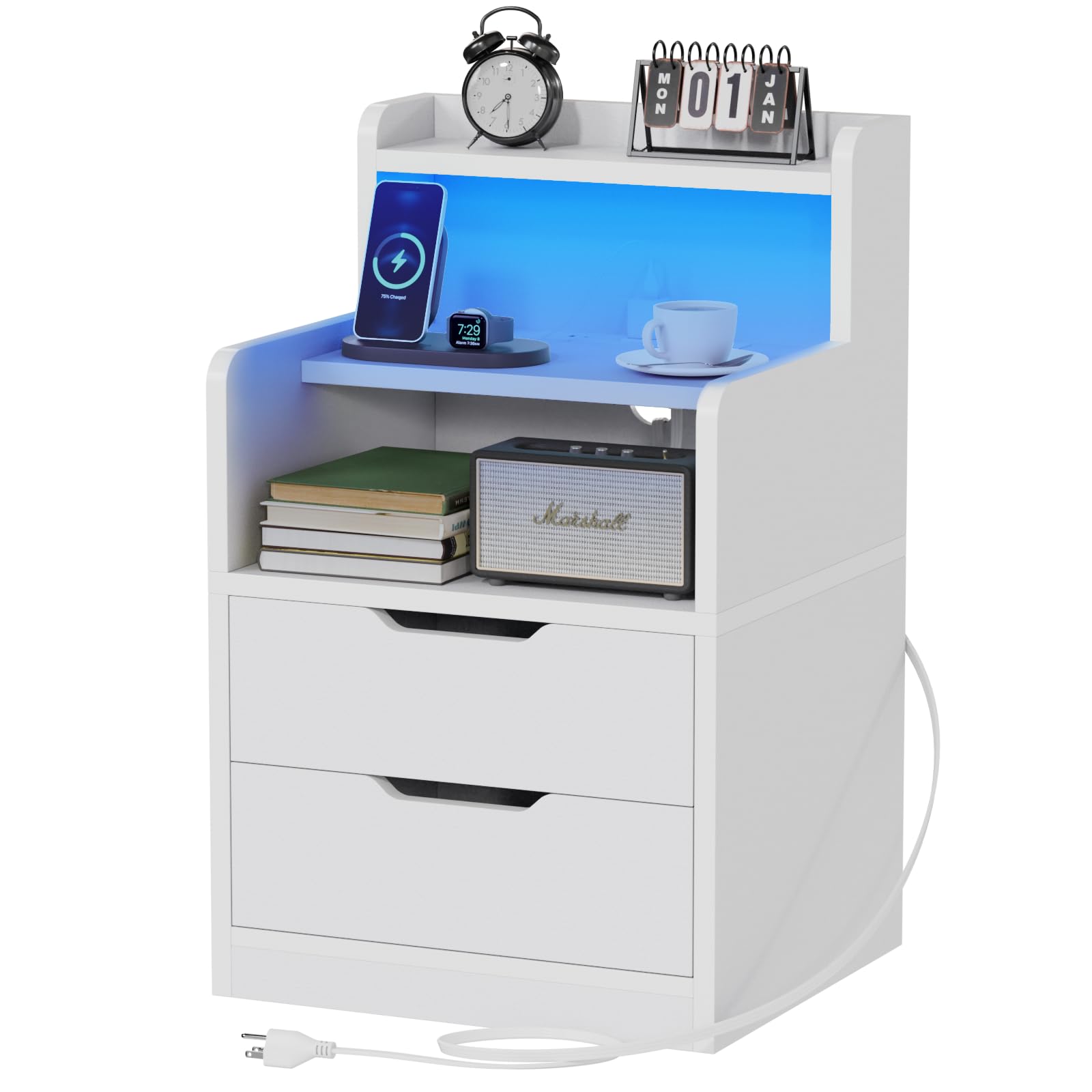 Nightstand with Charging Station,Tall Bedside Table