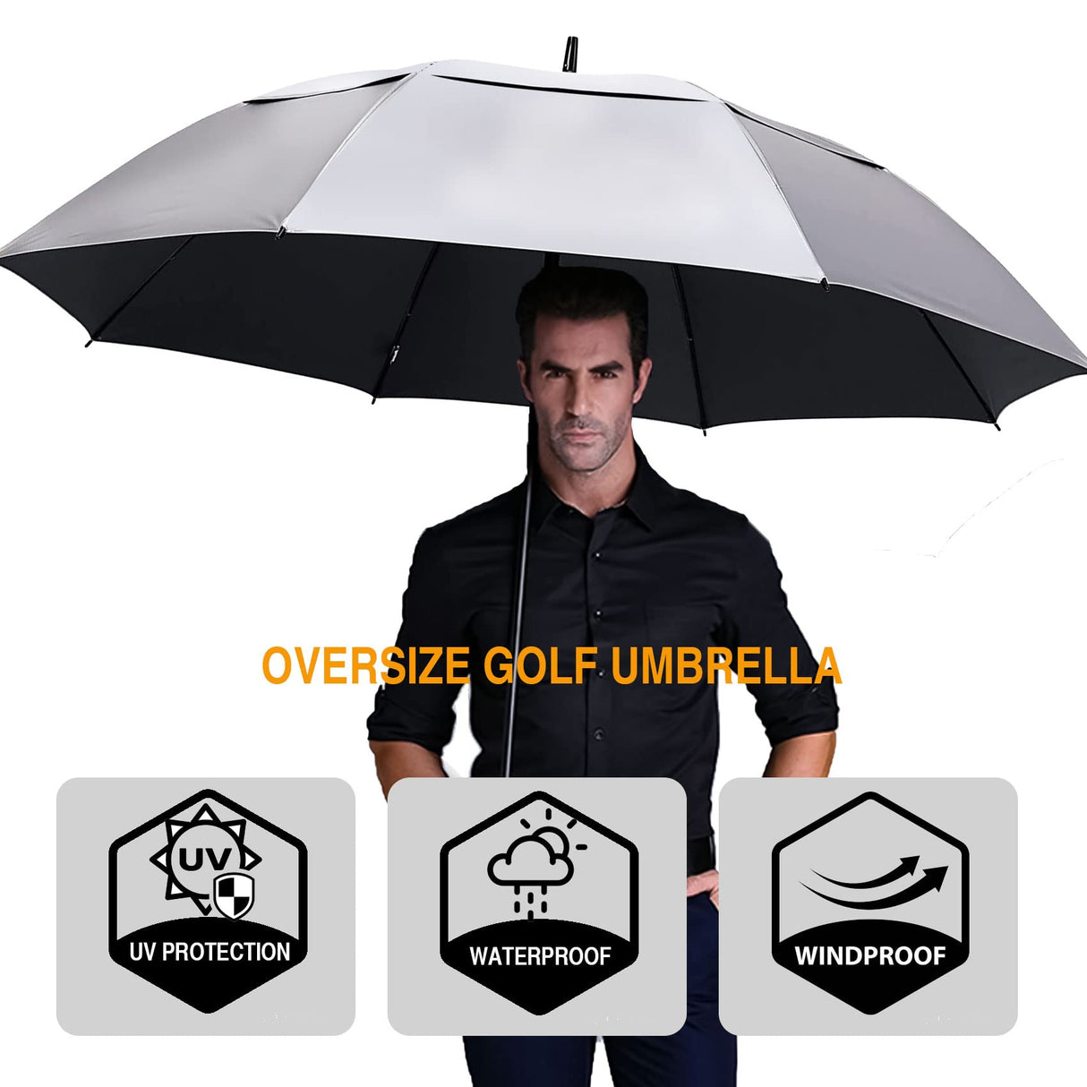 68/72 Inch Automatic Open UV Golf Umbrella, Extra Large Oversize Double Canopy Vented Windproof Waterproof