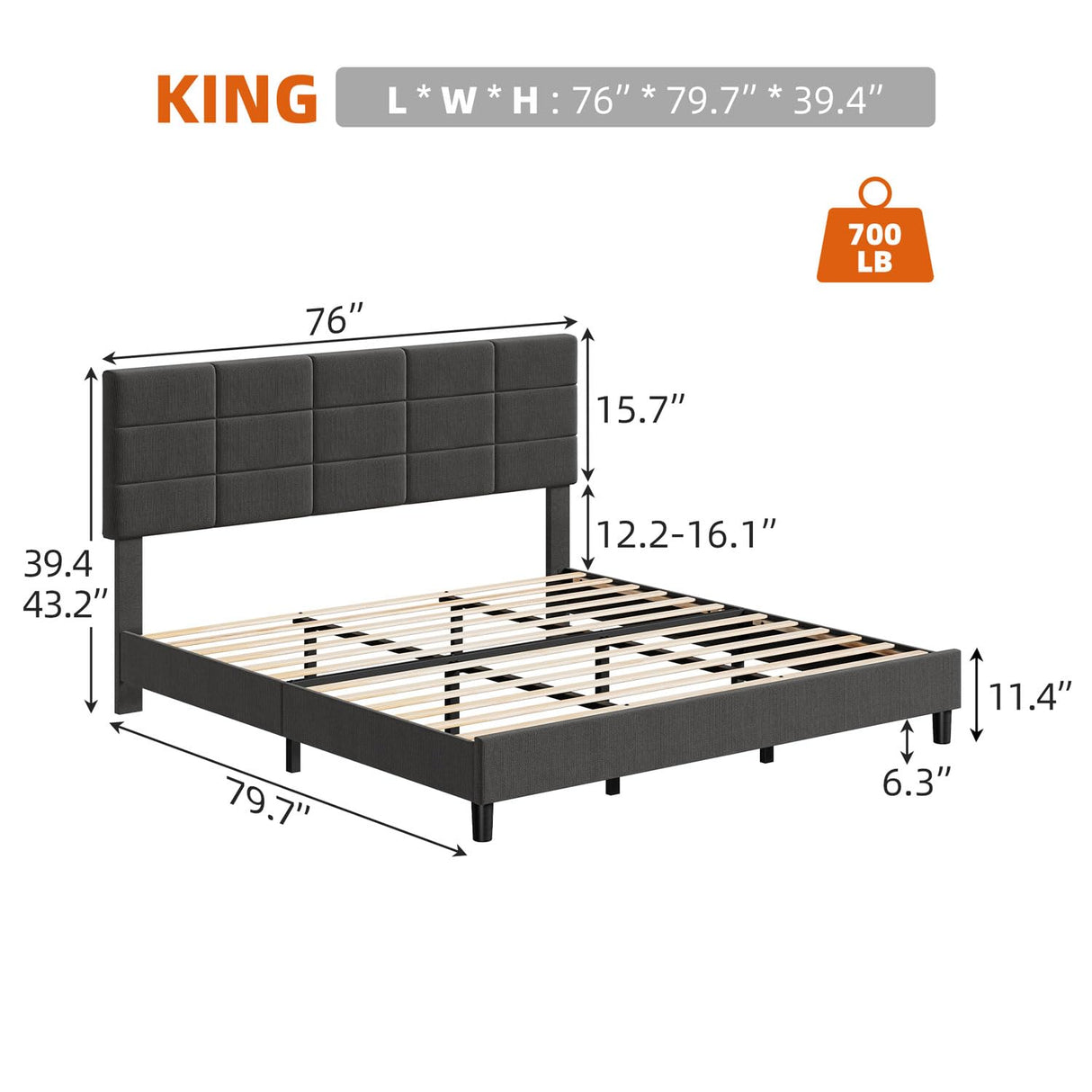 King Size Bed Frame with Headboard, Linen Upholstered King Bed Frame, Sturdy Metal