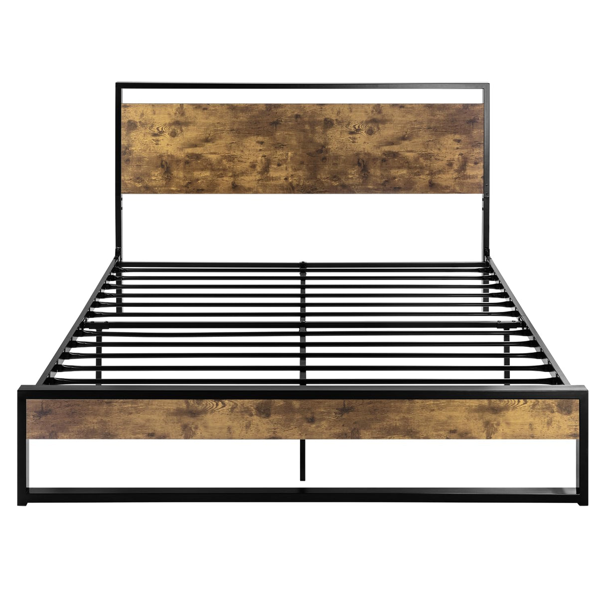 Queen Metal Bed Frame with Rustic Headboard & Footboard, Sturdy Frame Construction,