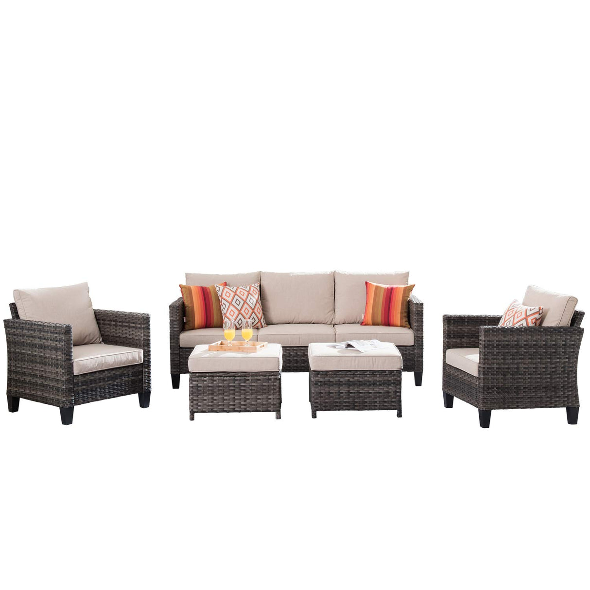 5 Pieces Outdoor Wicker Rattan Sofa Couch with Chairs and Ottomans