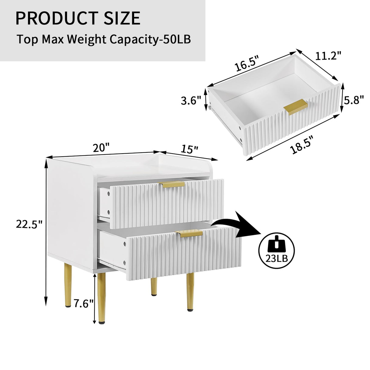 White Nightstand, 20" Modern Bedside Tables with 2 Stroage Drawers, Small Night Stand