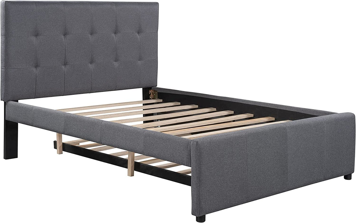 Upholstered Full Size Platform Bed with Trundle for Kids Bedroom,Linen Fabric Bedframe