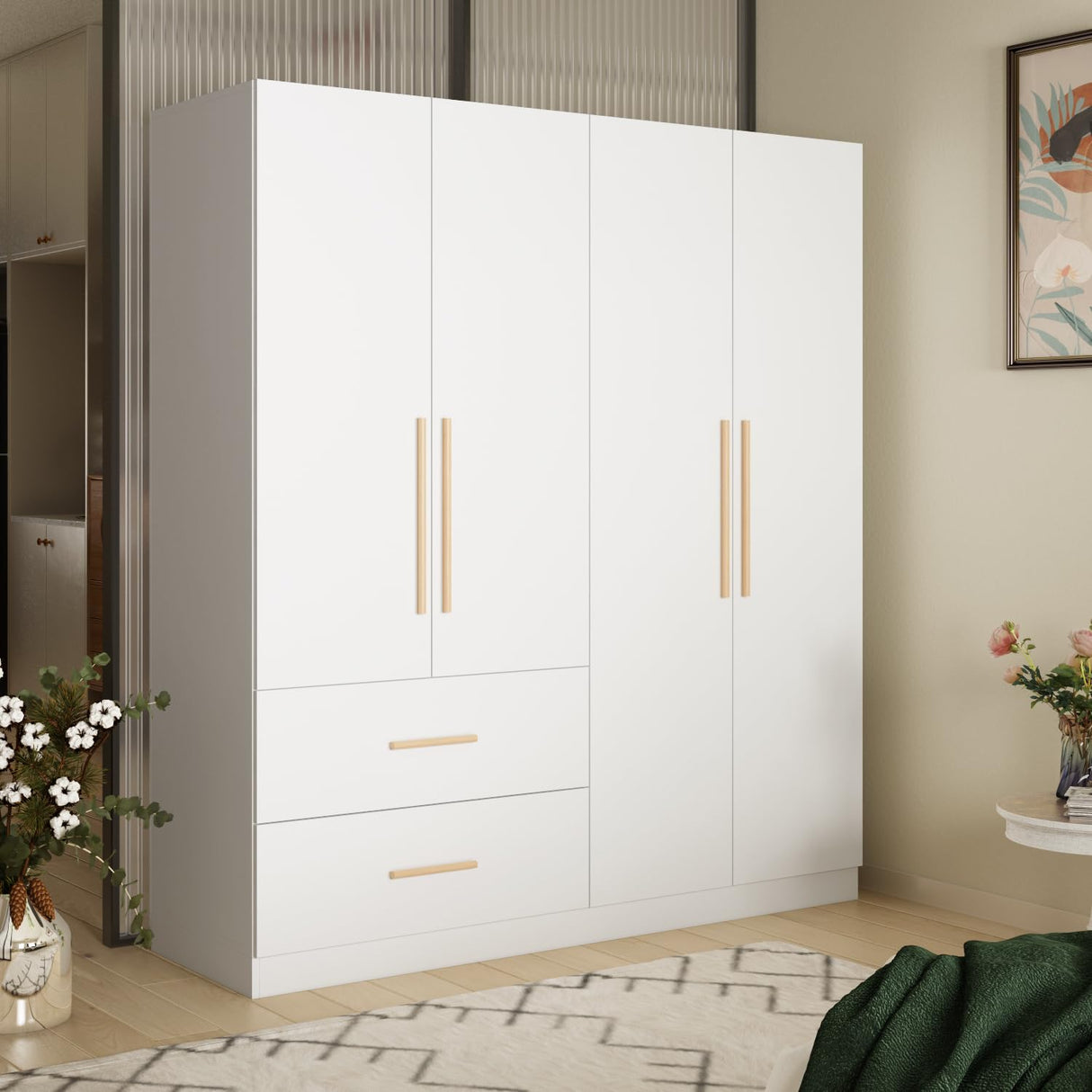 White 4-Door Wardrobe Armoire Wooden Closet with 2 Drawers, 6 Storage Cubes