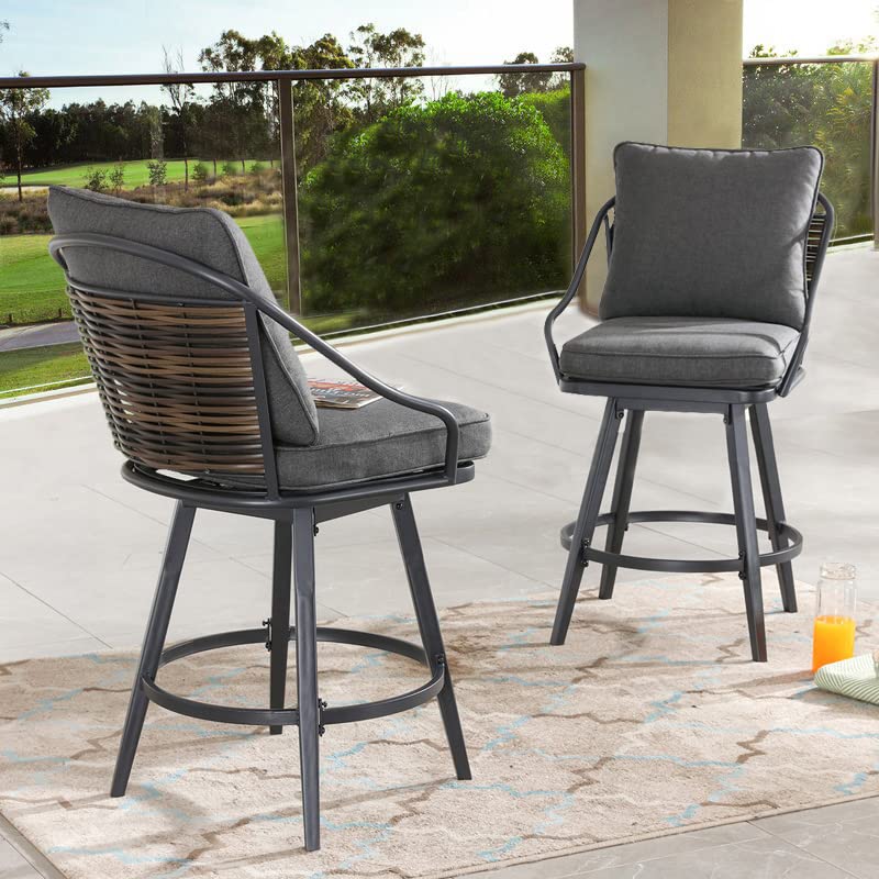 Outdoor Swivel Bar Stools Set of 2,Bar Height Patio Chairs Cushioned Metal