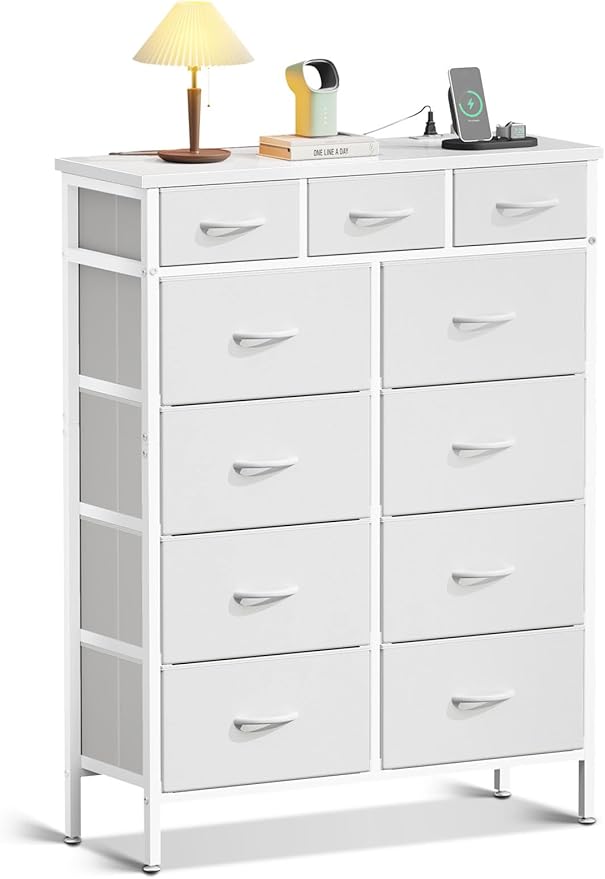 Dresser with Charging Station, 52 Inches Tall Dresser for Bedroom with 11 Storage Drawers, Large Fabric Dressers for Hallway, Light Grey