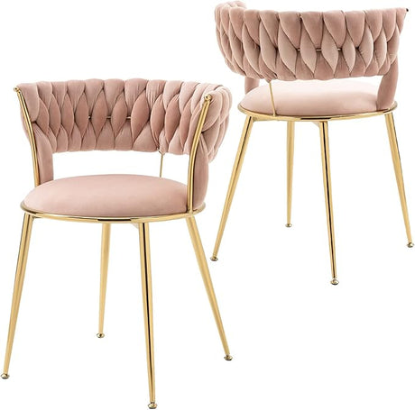 Modern Velvet Dining Chairs Set of 2, Upholstered Living Room Chair with Woven Back and Golden Metal Legs