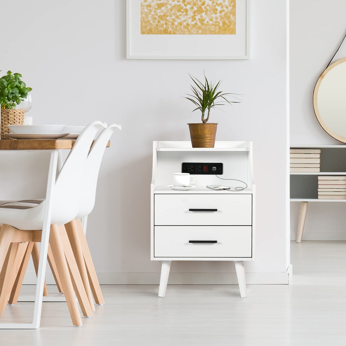 White NightStand with Charging Station, Nightstand with 2 Drawers and Open