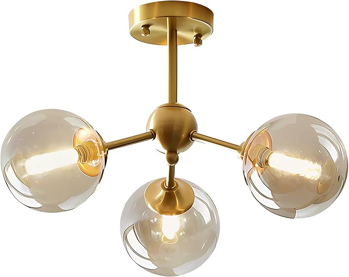 Lighting 5-Light Amber Glass Globe Chandelier Brush Gold Semi Flush Mount Ceiling Light