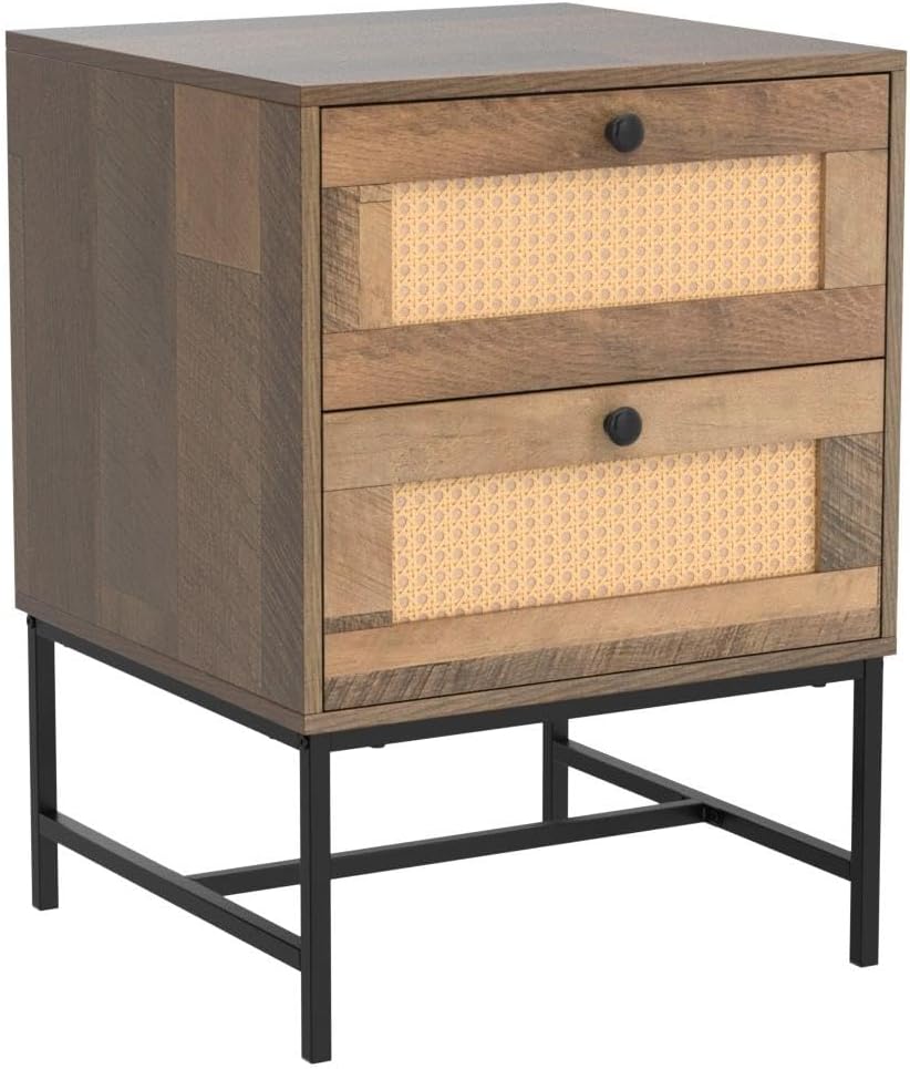 Home Furniture Series Wood and Rattan End Table/Nightstand with Metal Frame