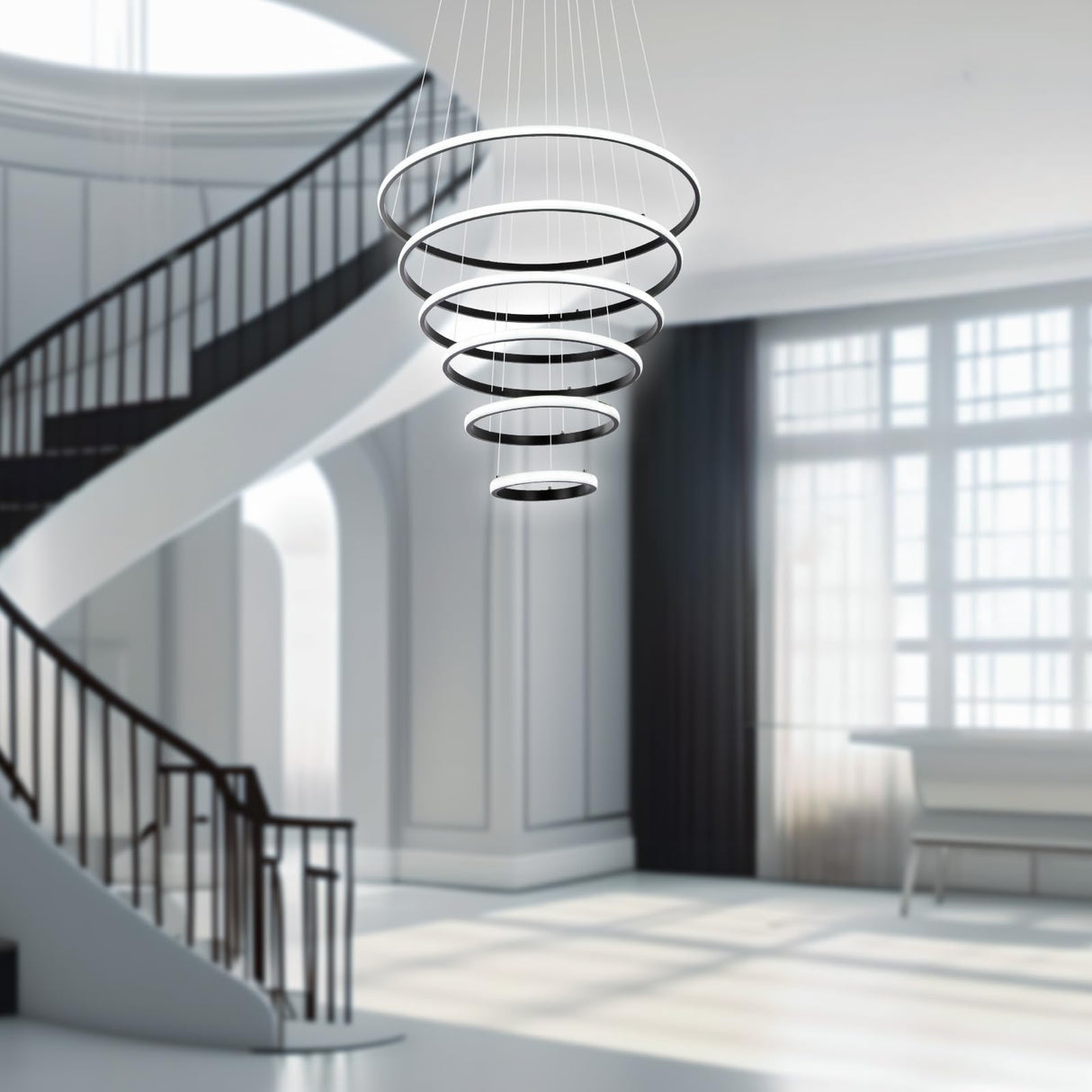 6 Ring Chandelier for High Ceiling with Remote Control, Black LED Chandelier Brightness