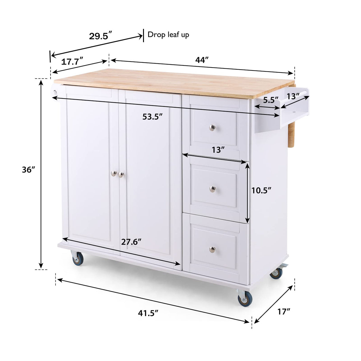 Kitchen Island Cart on Wheels - Portable Kitchen Island with Drop Leaf