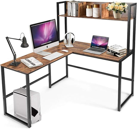 Reversible L-Shaped Desk with Hutch, Space Saving Corner Computer Desk with Storage Shelves, Home Office Study Writing Desk Computer Workstation with Storage Bookshelf, Gaming Desk