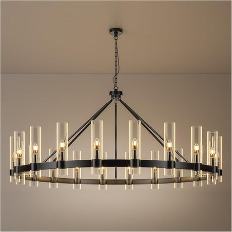 48 Inch Black Wagon Wheel Chandelier with Glass Shade, 16 Lights, Modern Farmhouse