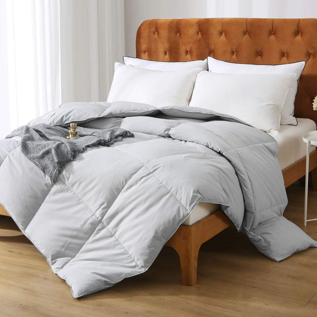 Cat Gray Feathers Down Comforter Full/Queen - 100% Organic Cotton Cover, Medium Warm All Seasons Machine Washable Duvet Insert with Tabs (90x90, Mirage Grey)