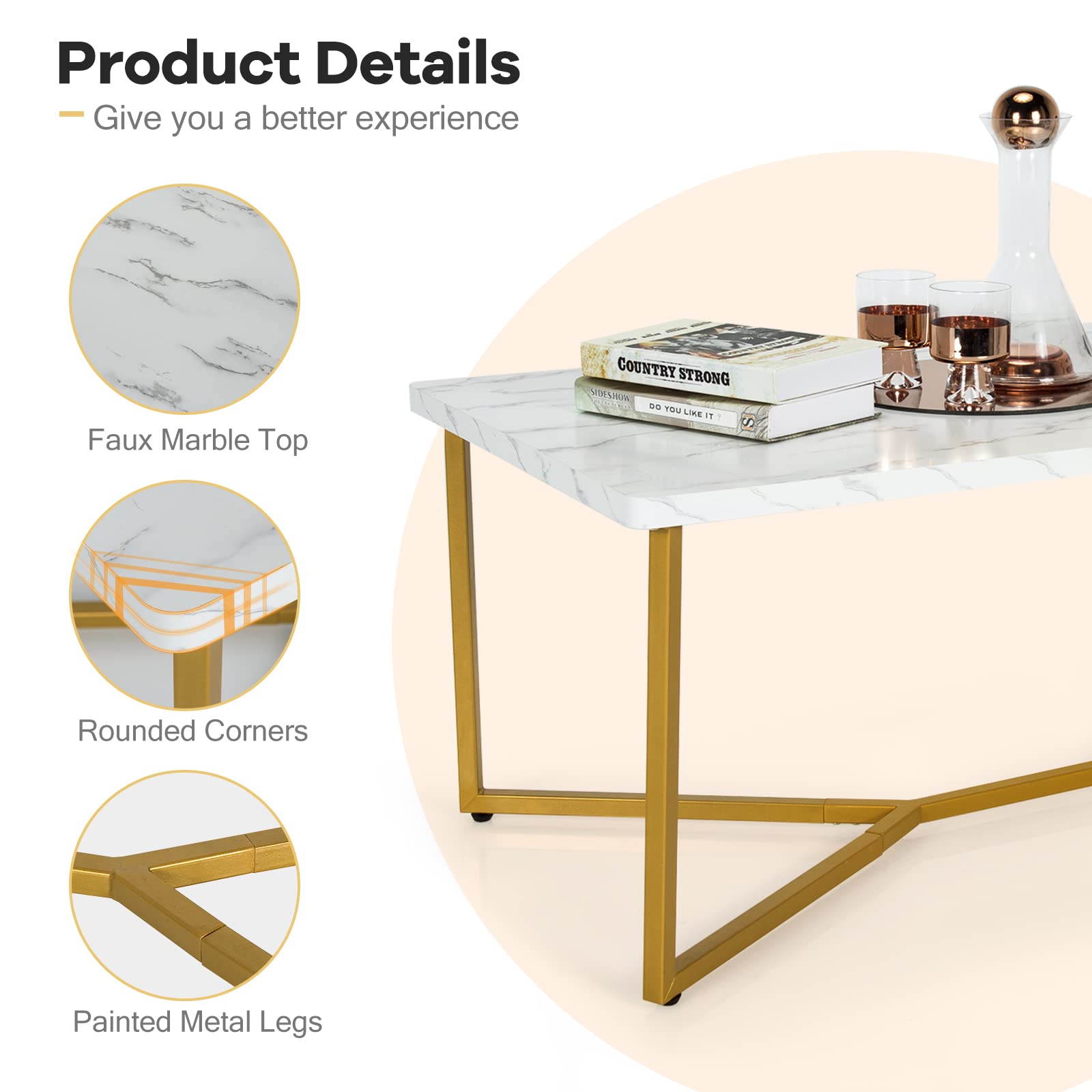 Modern Coffee Table, Accent Center Table with Faux Marble Tabletop