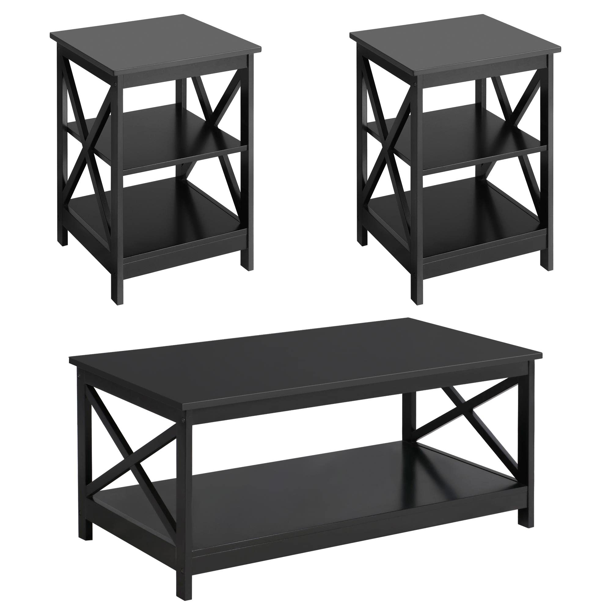 Wood Living Room 3-Piece Table Sets - includes X-Design Coffee Table & Two 3-Tier End