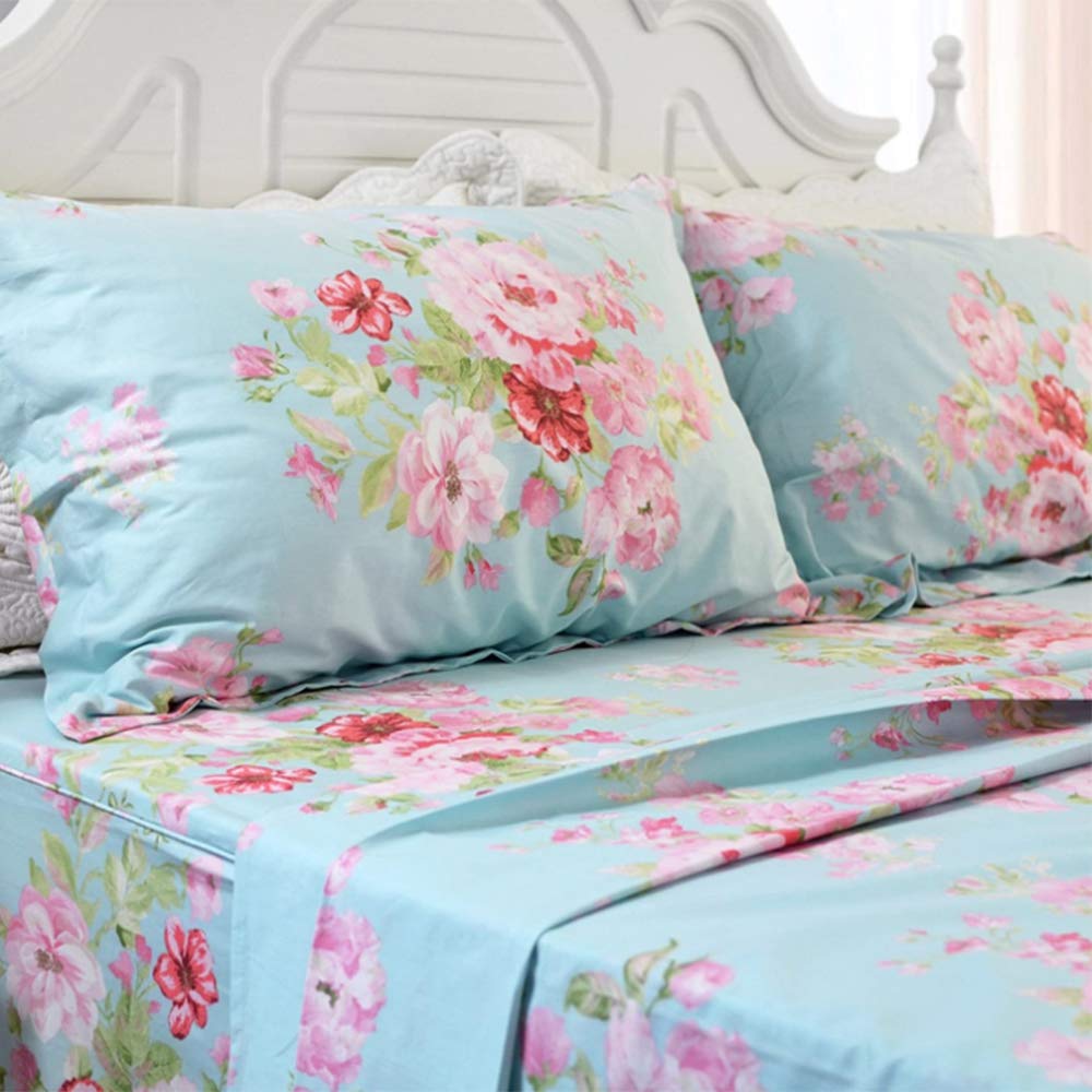 Cotton Bedding Sheet Set, Extra Soft 100% Cotton Sheet Set, Shabby Pink Floral Print Bed