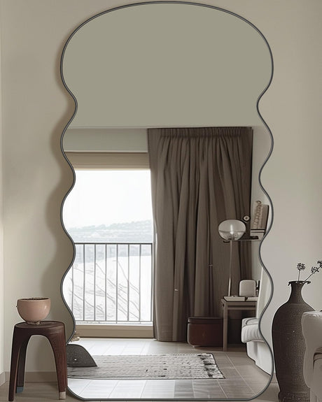 Full Length Mirror, 76"x34" Wavy Mirror Full Length, Oversized Floor Mirror with Stand