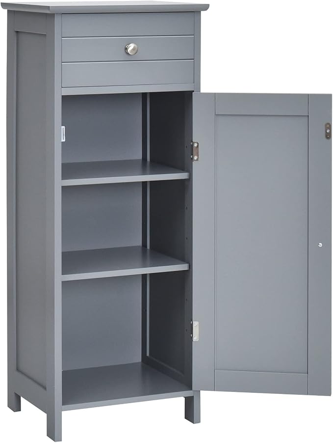 Floor Storage Cabinet, Bathroom Freestanding Side Storage Organizer, Single Door Floor Storage Cabinet w/Drawer & Adjustable Shelves,