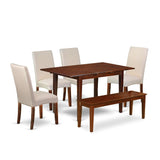 East West Furniture PSDR6C-MAH-01 6 Piece Dining Set Contains a Rectangle Kitchen Table with Butterfly Leaf and 4 Cream Linen Fabric Parson Chairs with a Bench, 32x60 Inch