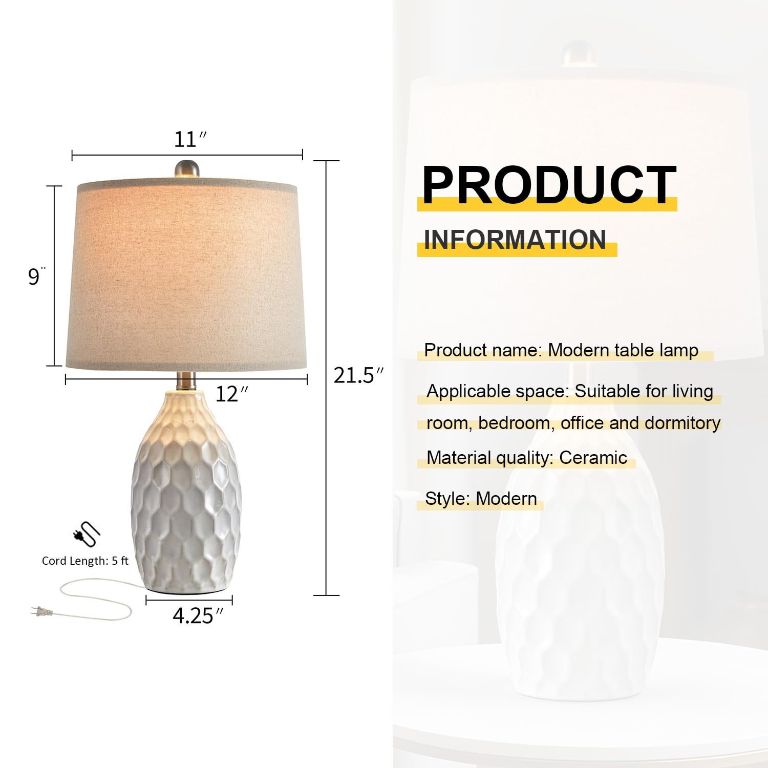 21.5" Modern Ceramic Table Lamp Set of 2 Industrial Boho Metal Bedside Lamp