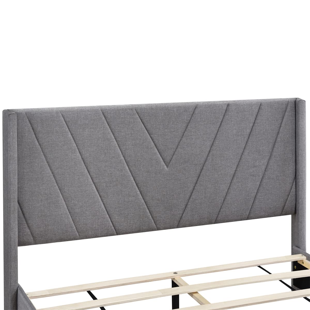 ,Linen Upholstered Platform Bedframe with 3 Drawers & Wing Shaped Headboard,Queen