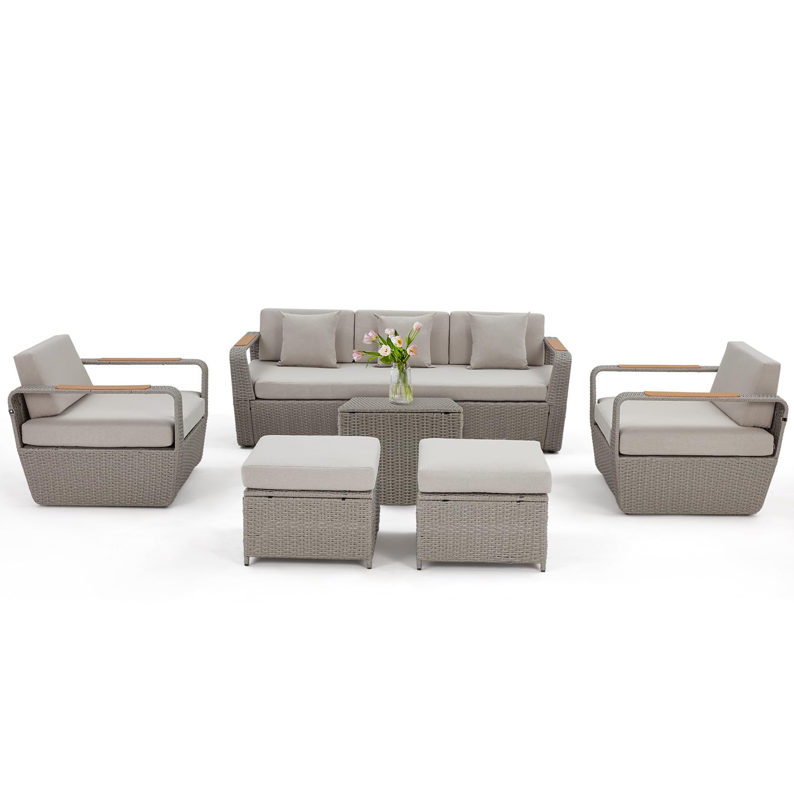 6 Pieces Patio Furniture Set, Outdoor Sectional Conversation Rattan Sofa Set