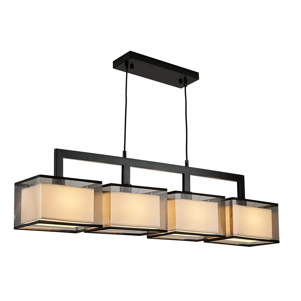 Modern Rectangular Chandelier Hanging Light Fixture 4 Lights with Fabric Lampshade