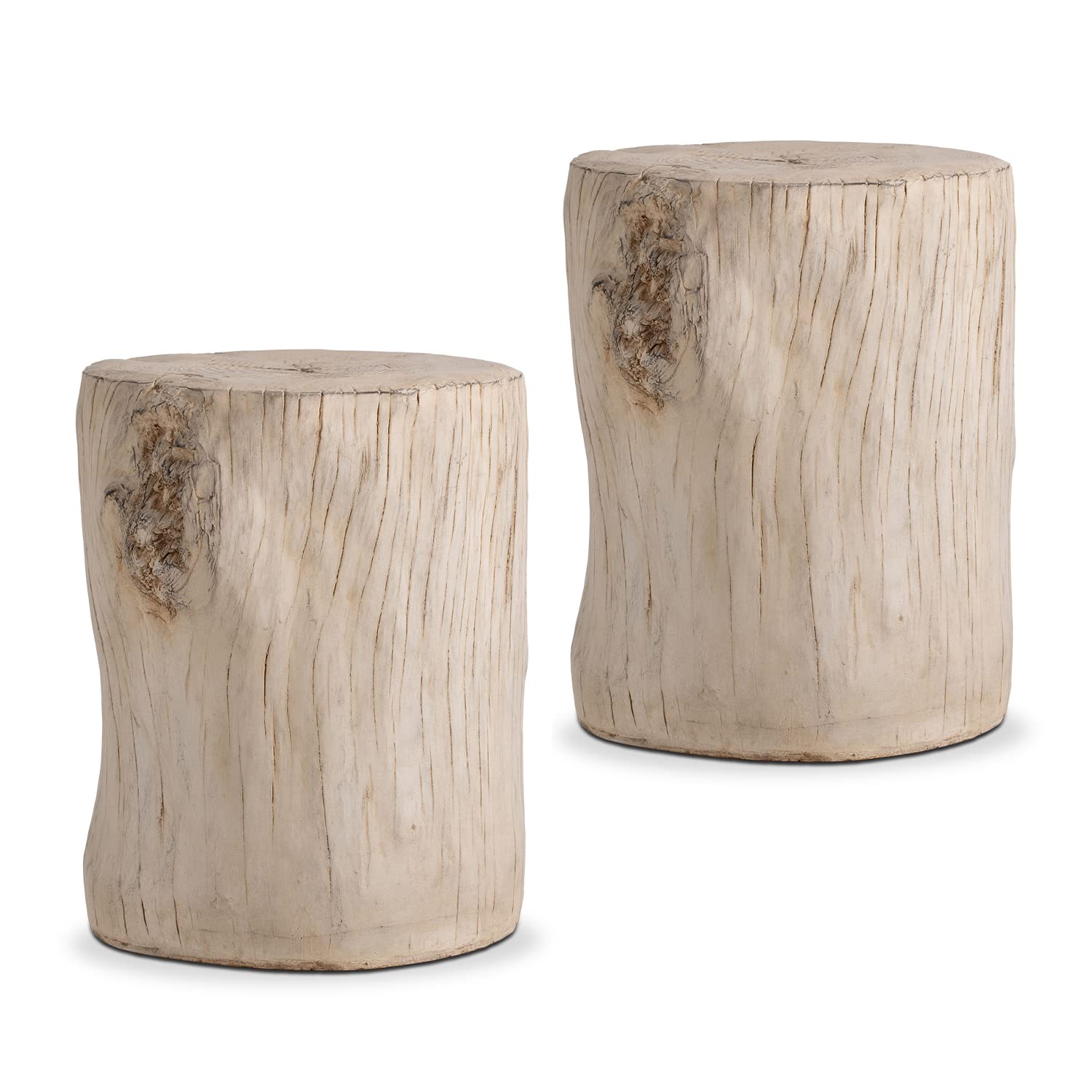 COSIEST 2 Pieces Outdoor Antique Beige Side Table Faux Wood, Hand - Painted Wood Stump Stool, Ottomans, Plant Stand, Deck or Garden - Bircata