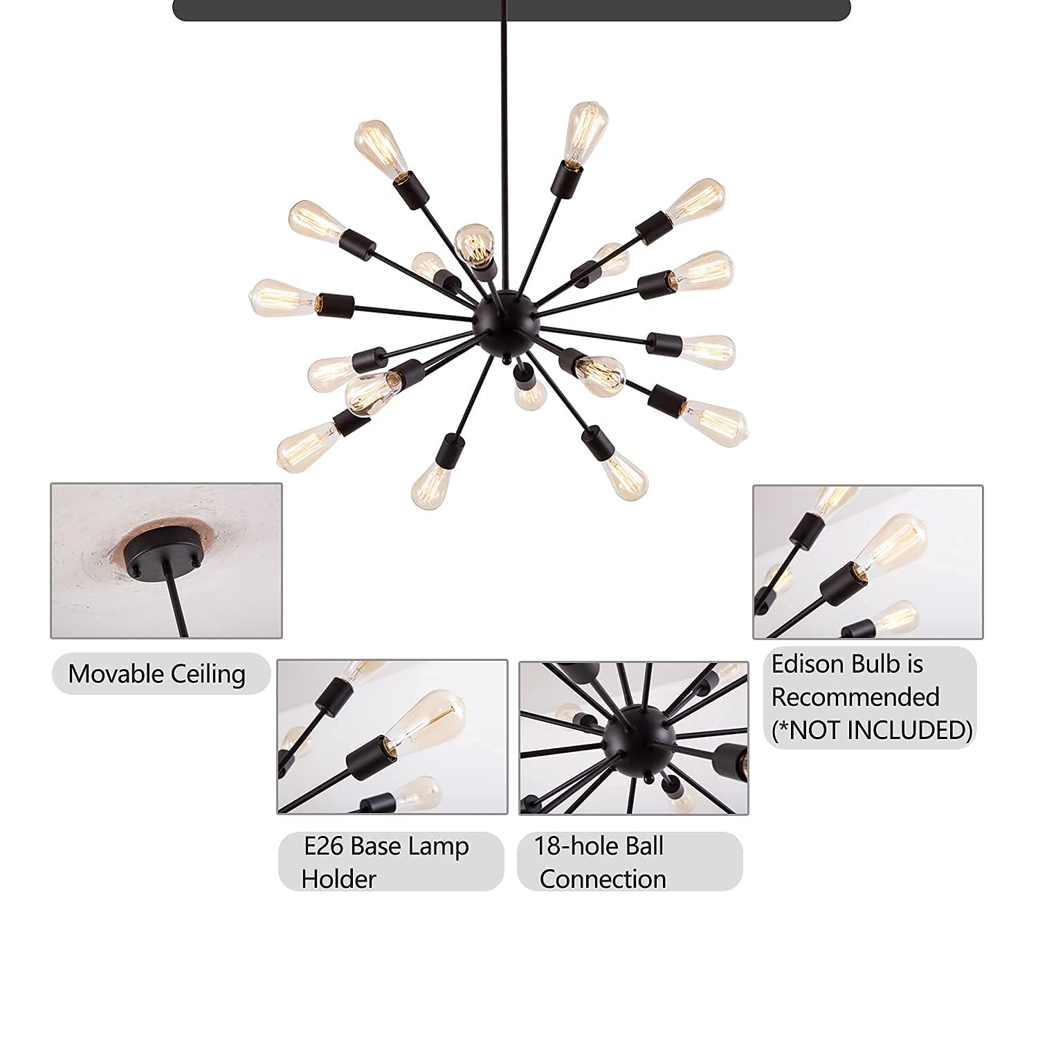 Sputnik Chandeliers Black, Modern 18-Light Farmhouse Pendant Light Mid