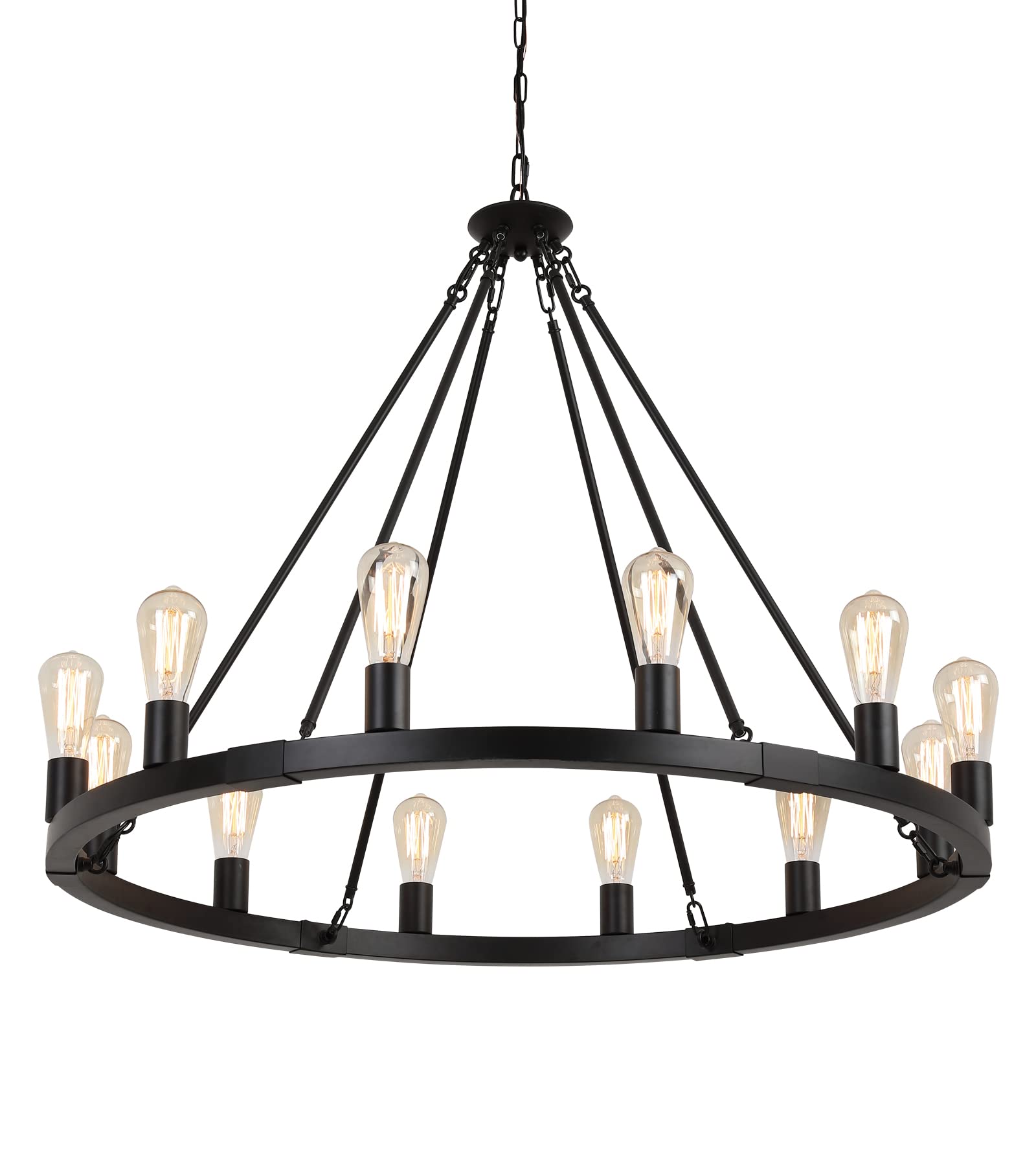 Large Farmhouse Wagon Wheel Chandelier,Black Industrial Round 12 Lights Dining Room