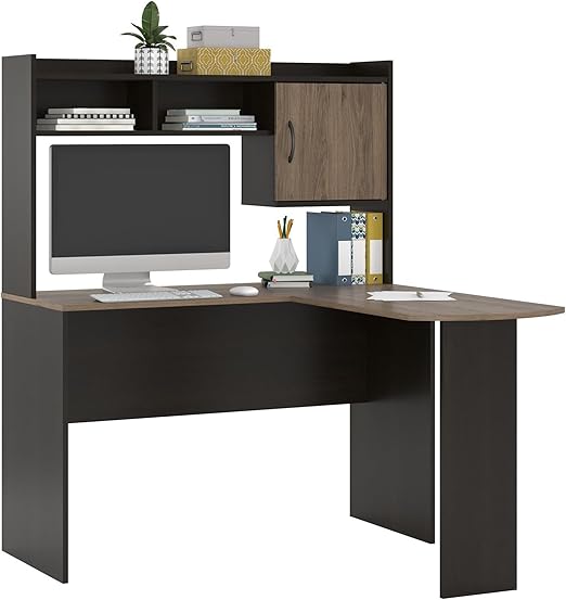 Office Desk, Modern L-Shaped Desk with Hutch, Black Oak (Color : Brown)