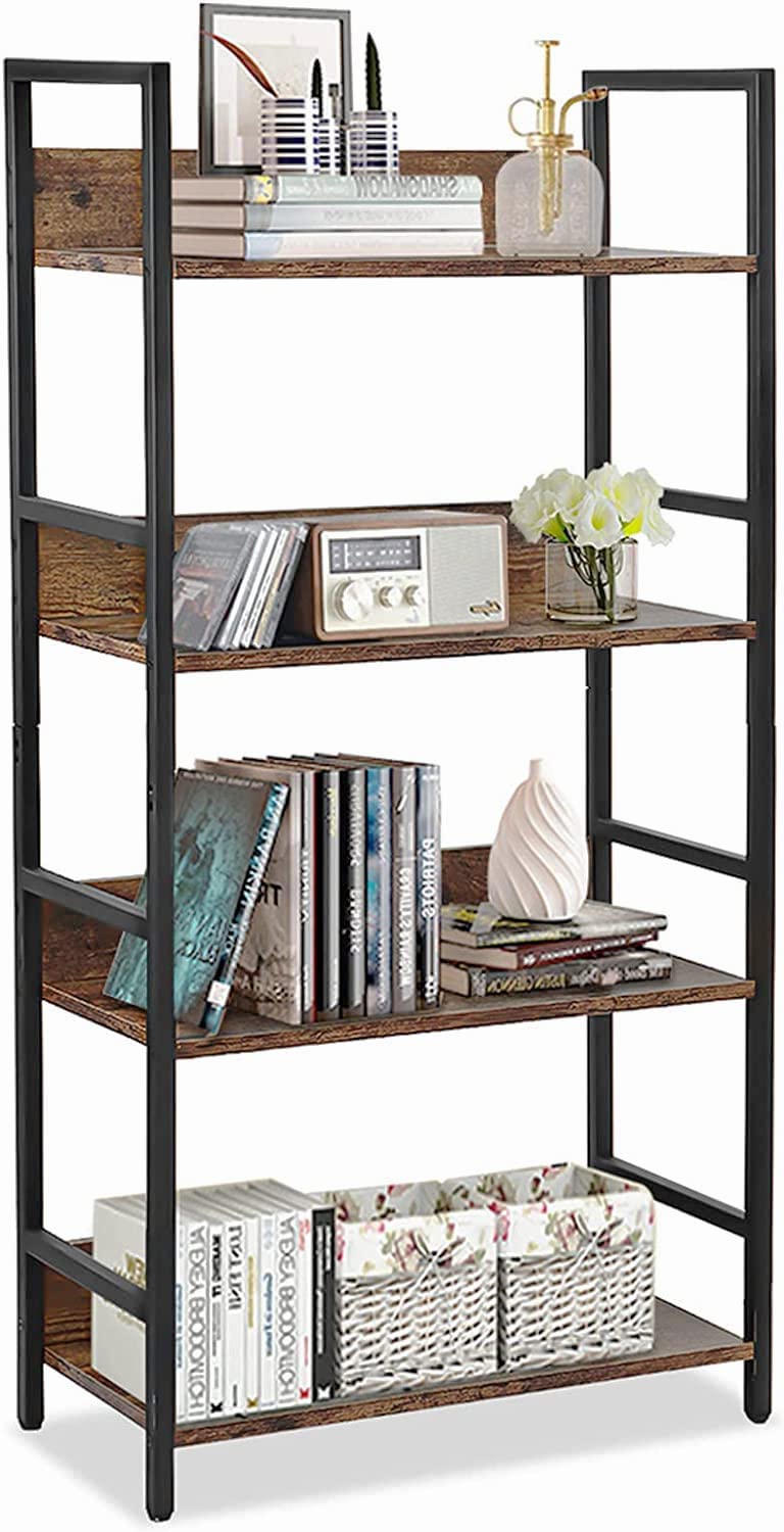 Bookshelf 4 Tier Industrial Bookcase Rustic Wood and Metal Standing Bookshelf