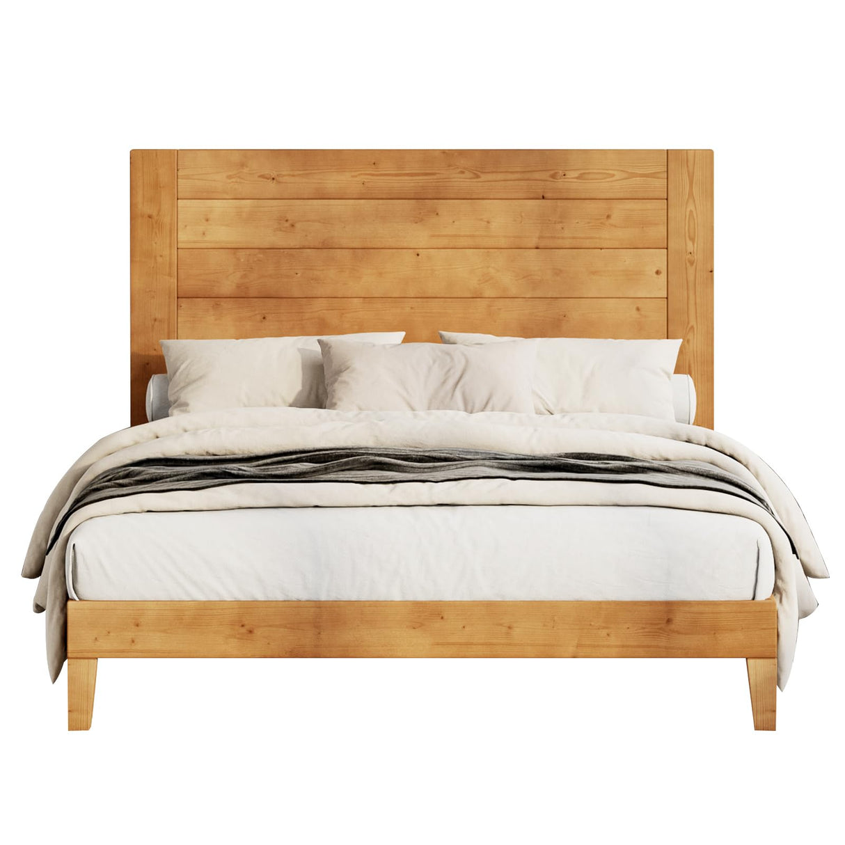 Queen Size Solid Wood Bed Frame with 48.6" High Headboard, Mid-Century Platform