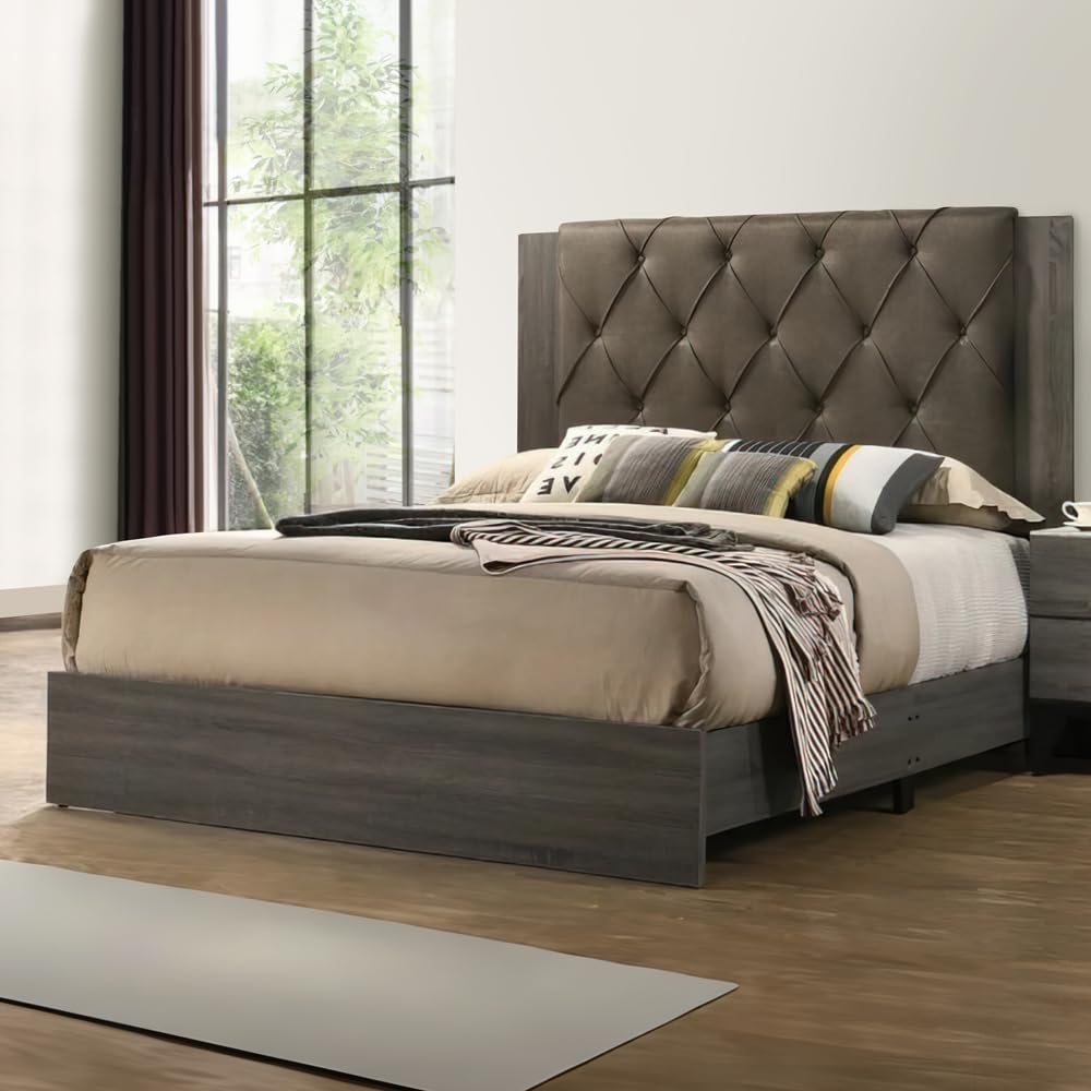 Bed with Button Tufted Headboard, Gray and Brown