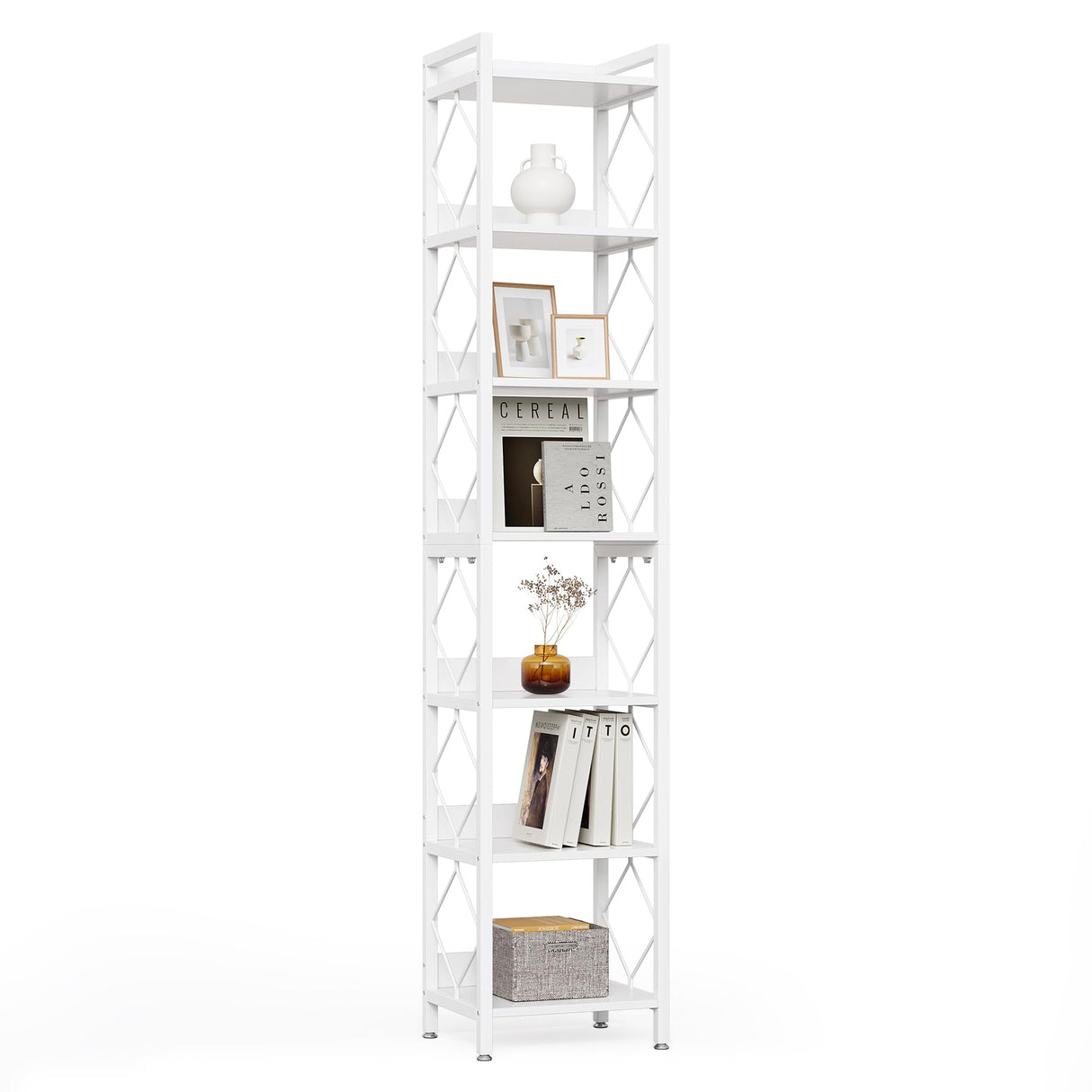 Book Shelf, 7-Tier Tall Bookcase, 78.7" Wooden Display Shelves with Sturdy Metal Frame for Living Room, Modern Narrow Standing Bookshelves for Bedroom, White Office Shelf for Small Spaces